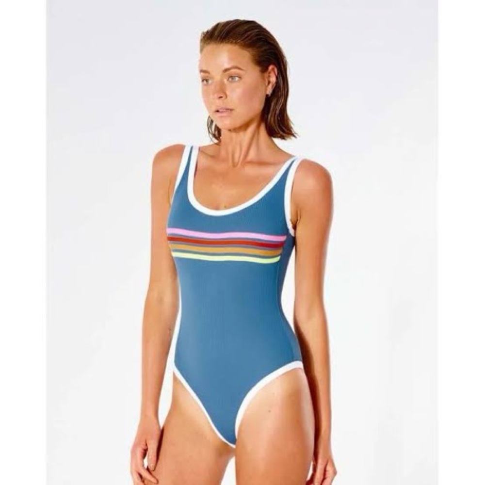 Rip Curl Blue Ribbed One-Piece with Rainbow Stripes and White Trim